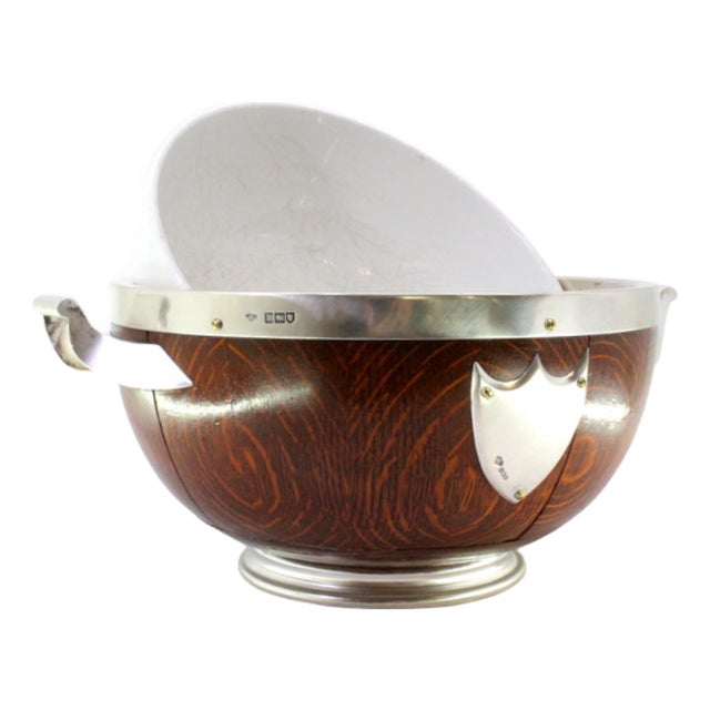 Wooden Salad Bowl with Silver Applications, Porcelain Core and Shield-Shaped Cards for Monograms For Sale