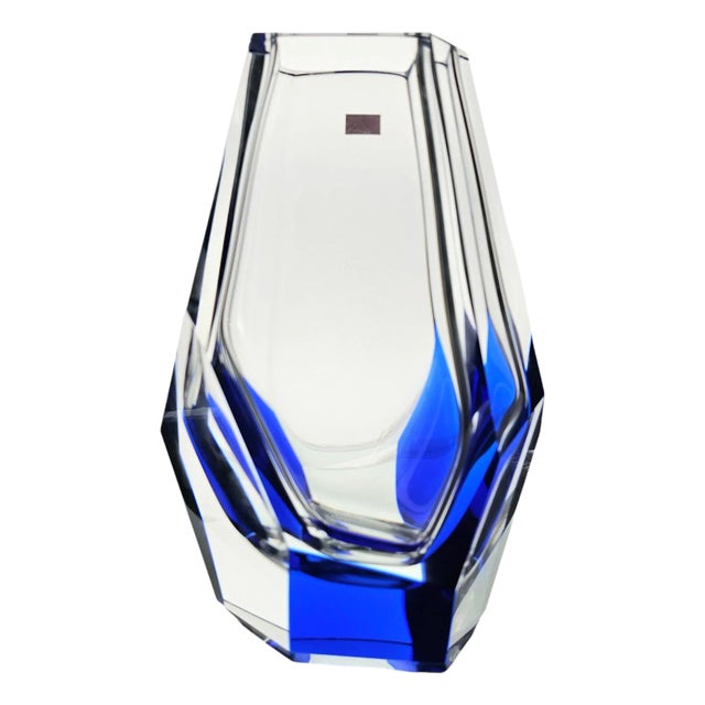 Hoya Imperial Japanese Faceted Cobalt and Clear Crystal Vase Modernist Design For Sale