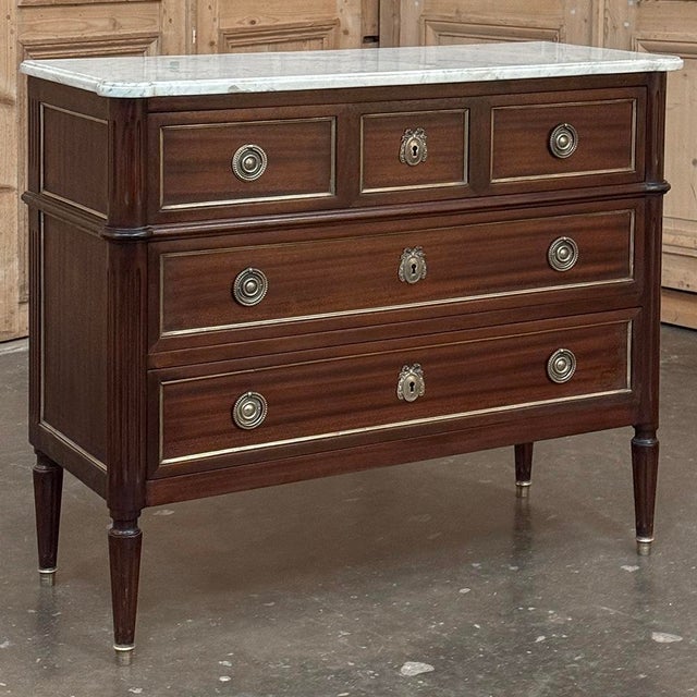 French Antique French Louis XVI Mahogany Commode With Carrara Marble For Sale - Image 3 of 15