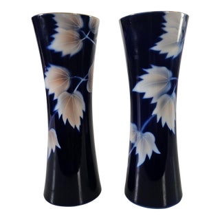 Fukagawa Cobalt Blue Porcelain Vases Arita Japan Imperial Household Pair For Sale
