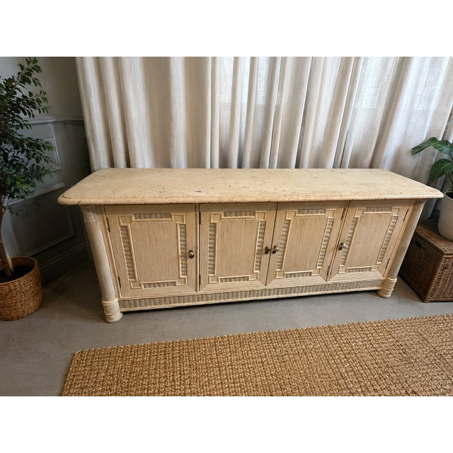 Late 19th Century Coastal Reeded Bamboo Buffet Cabinet Travertene Top and Display Hutch For Sale - Image 4 of 6