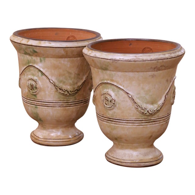 Pair of French Antiqued Anduze Terracotta Garden Vases From Terre Figuière For Sale