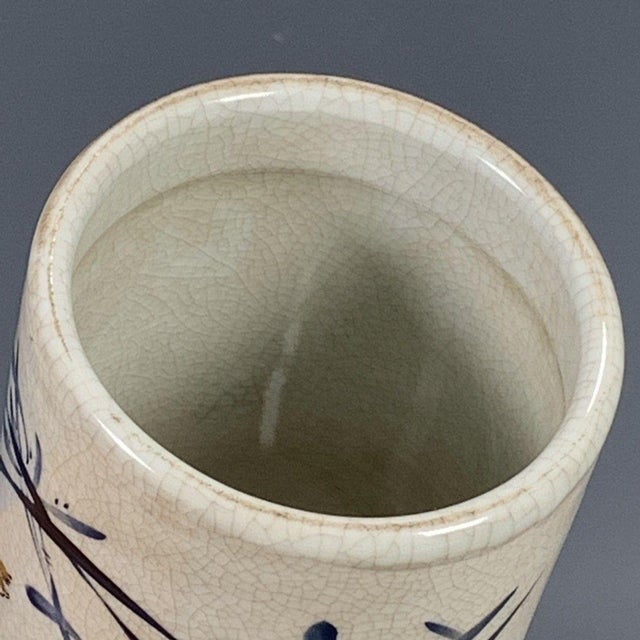 Ceramic Blue & White Crackle Glaze Porcelain Brush Pot With Orchid Motif For Sale - Image 7 of 9