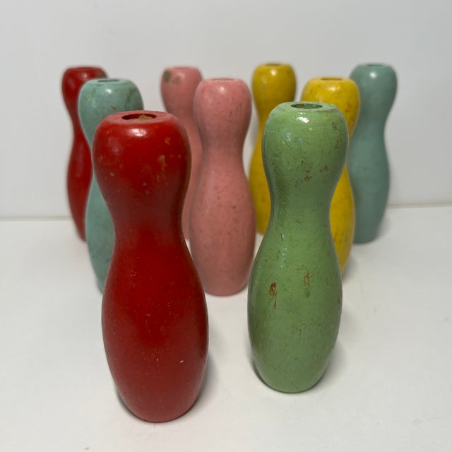 Shabby Chic Vintage Tabletop Bowling Pins Set/9 For Sale - Image 3 of 8