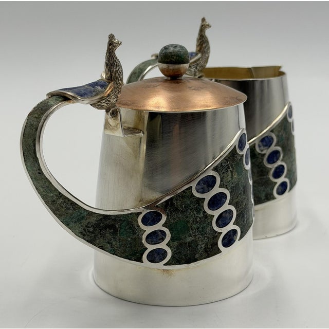 1970s Wolmar Castillo "Peacock" Creamer, Sugar Pot & Ladle W/ Malachite & Lapis Inlay For Sale - Image 12 of 18