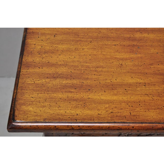 Vintage French Country Pine Wood Distress Floral Carved 1 Drawer Writing Desk For Sale - Image 4 of 14