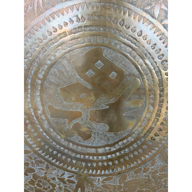 Asian Large Asian Round Brass Tray Table, Wall Hanging, Scalloped Edges For Sale - Image 3 of 9