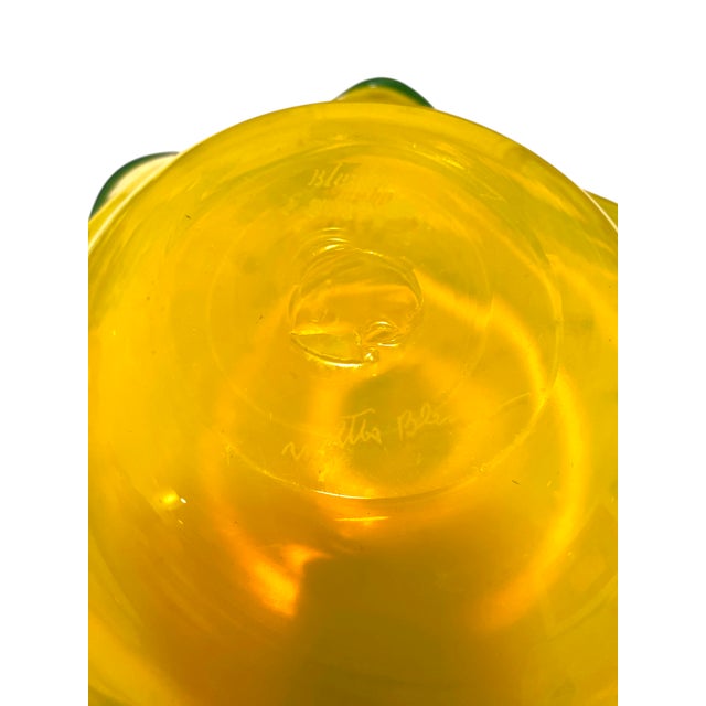 Blenko Centerpiece Bowl Large 16" Art Glass Yellow Green Threaded Large Signed Walter Blenko For Sale - Image 11 of 11