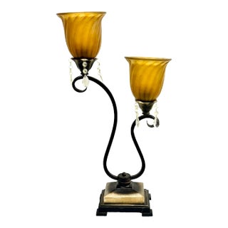 Vintage Double-Arm Table Lamp With Frosted Amber Globes For Sale