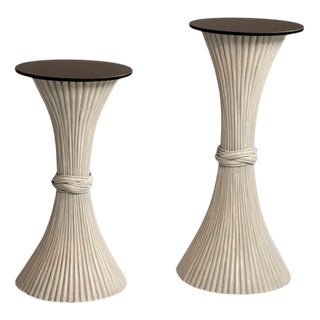 White Painted Bamboo Plant Stands with Black Glass Tops, 1970s, Set of 2 For Sale