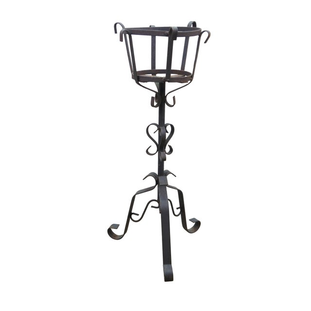 Gothic Vintage Brutalist Gothic Wrought Iron Plant Stand Scroll Tripod Pot Holder 24" For Sale - Image 3 of 13