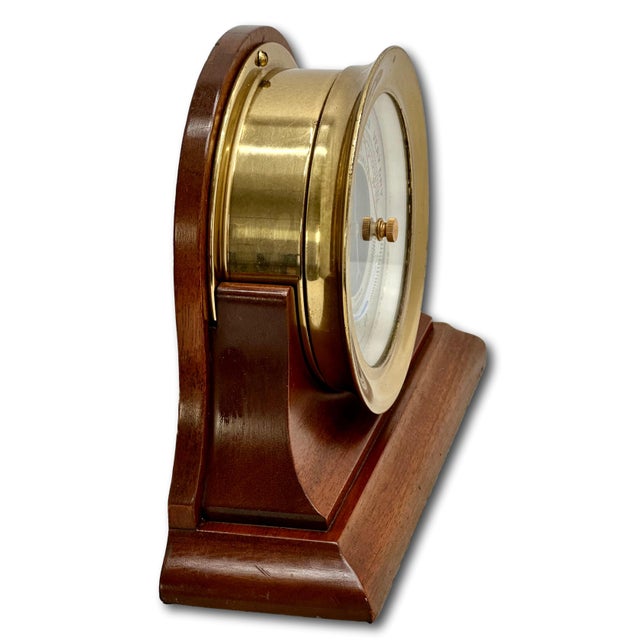 Fine Vintage Mid 20th Century Brass & Mahogany Ships Barometer & Thermometer by Esteemed Boston Maker "Chelsea" For Sale - Image 9 of 18
