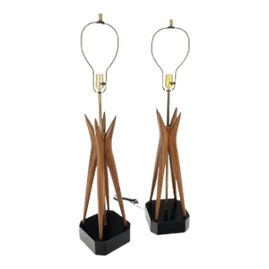 Pair Carved Oiled Walnut Star Bursting Sputnik Shape Bases Table Lamps