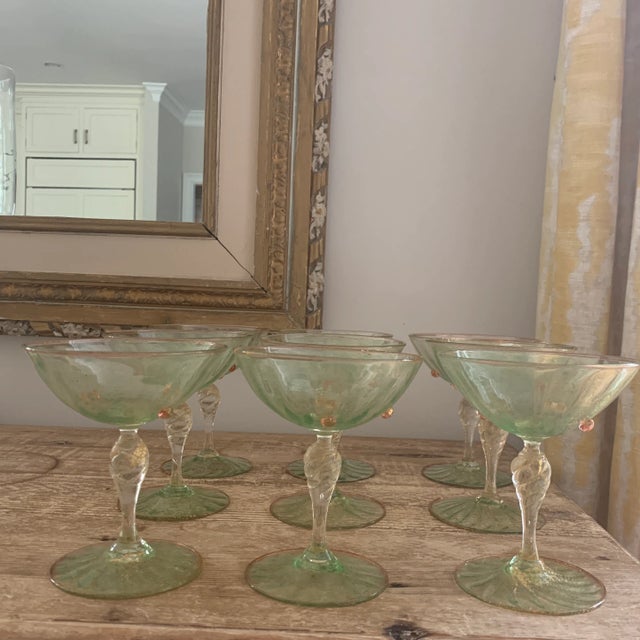 1940s Green With Gold Flecks Murano Glass champagne coupes Attributes to Salviati- Set of 9