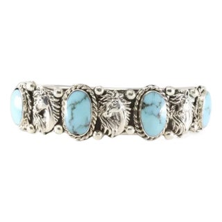 Navajo Sterling Silver Turquoise Horse Bracelet Cuff by Calvin Belin For Sale