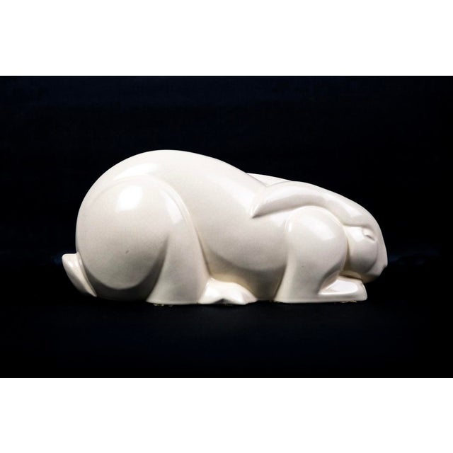 Ceramic Reclining Rabbit in Cream Crackle-Glazed Earthenware by Charles Lemanceau for Saint-Clément, France, 1930s For Sale - Image 7 of 13