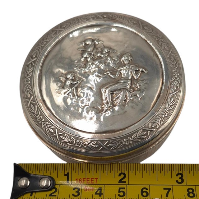 Metal Antique Silver Repoussé Round Trinket Box by Frainier - Cherub & Musician Motif - Circa 1900 - 3" For Sale - Image 7 of 8