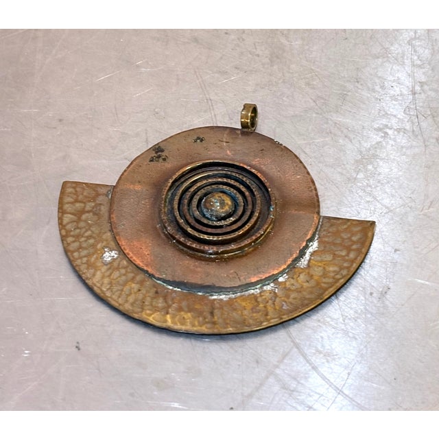 1960s Egyptian Revival hammered brass & copper extra-large geometric pendant. Marked on back/bottom as shown (unknown...
