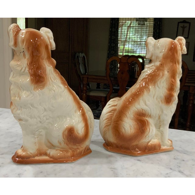 19th Century 19th Century Antique Pair Bo’Ness Wally Spaniel Mantel Dogs - Staffordshire Style Scottish Pottery W/Glass Eyes & Gilt Details - 12.5” See Pics! For Sale - Image 5 of 12