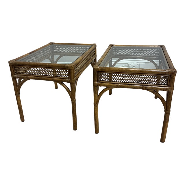 1960s Palm Beach Regency Mid-Century Bamboo & Lattice Rattan Glass Top Side Table Pair For Sale