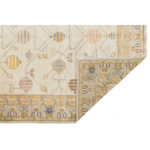 Modern Modern Khotan Style Hand-Knotted Cream Wool Rug Pomegranate Tree of Life Design For Sale - Image 3 of 11