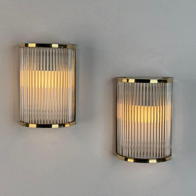 Art Deco Style Murano Glass and Brass Wall Sconces attributed to De Majo, 1970s, Set of 2 For Sale - Image 3 of 16