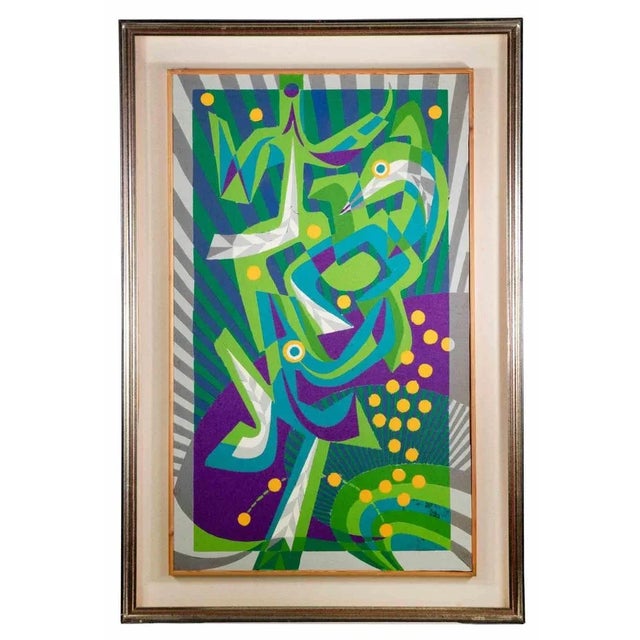 Violet and green composition is a contemporary artwork realized by Leo Guida in 1975 Mixed colored oil painting Includes...