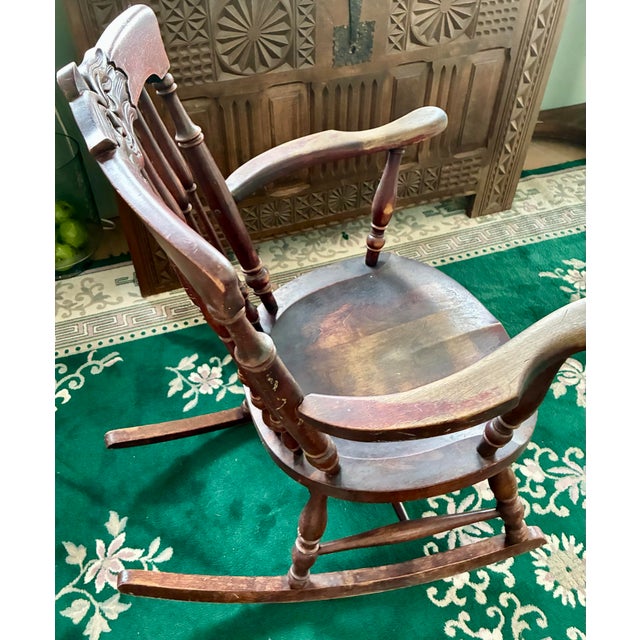 Antique Victorian Folk Art Face Crest Rocking Chair, Solid Wood Armchair, Late 19th Century Greenman For Sale - Image 9 of 12