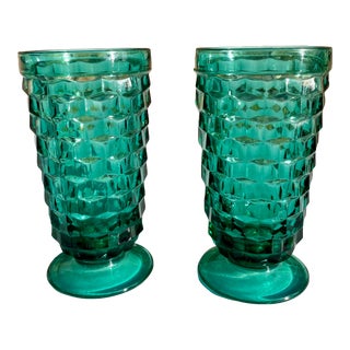 Vintage Mid Century Modern Teal Whitehall Colony Indiana Glass Ice Tea Tumblers- a Pair For Sale