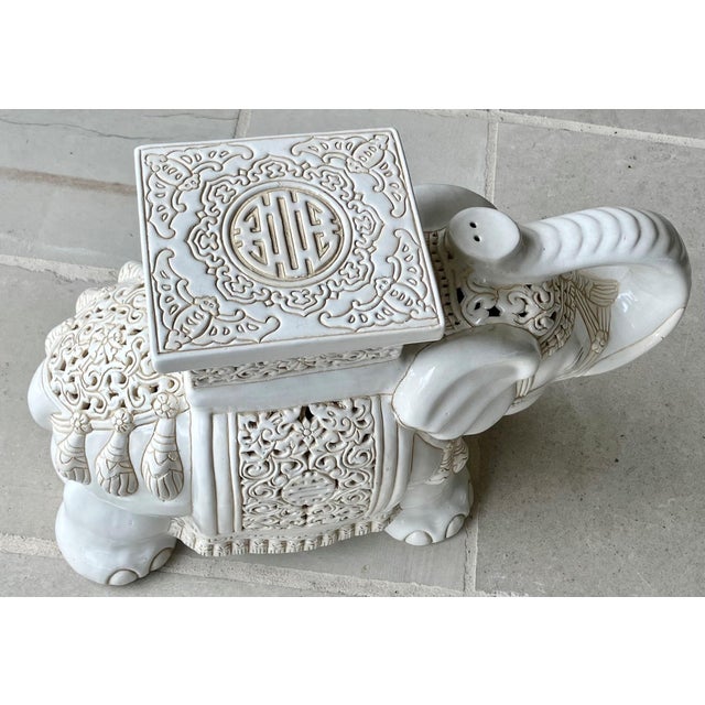 Ceramic Circa 1970 Fabulous Linen-Hued Earthenware Elephant Garden Stool / Plant Stand For Sale - Image 7 of 18