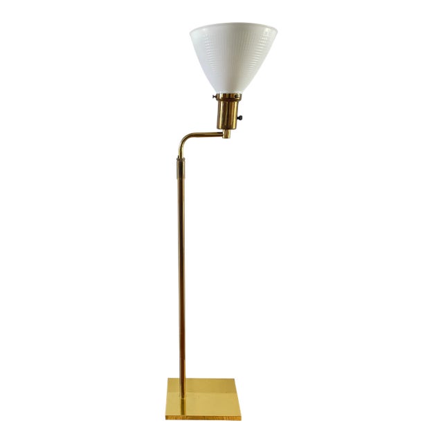 Late 20th Century Brass Library Floor Lamp With Milk Glass Shade For Sale