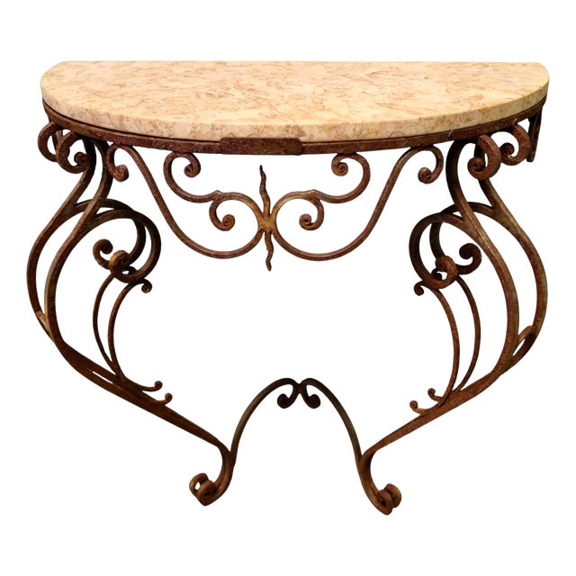 Rustic French Wrought Iron Marble Console Table For Sale