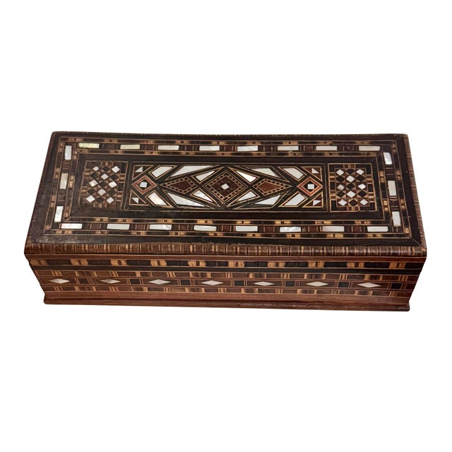 Art Deco Vintage Early 20th Century Middle Eastern Marquetry & Mother-of-Pearl Inlay Box For Sale - Image 3 of 8