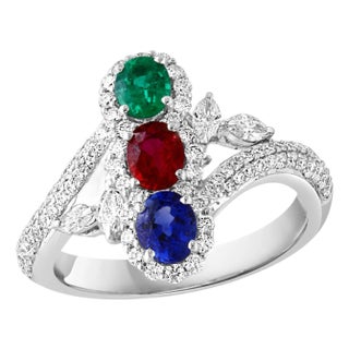 1.2 Ct Fine Natural Emerald Ruby & Sapphire + 1.5 Ct Diamond 18 KWG Ring S 7 For Sale