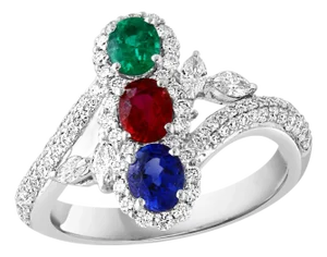 1.2 Ct Fine Natural Emerald Ruby & Sapphire + 1.5 Ct Diamond 18 KWG Ring S 7