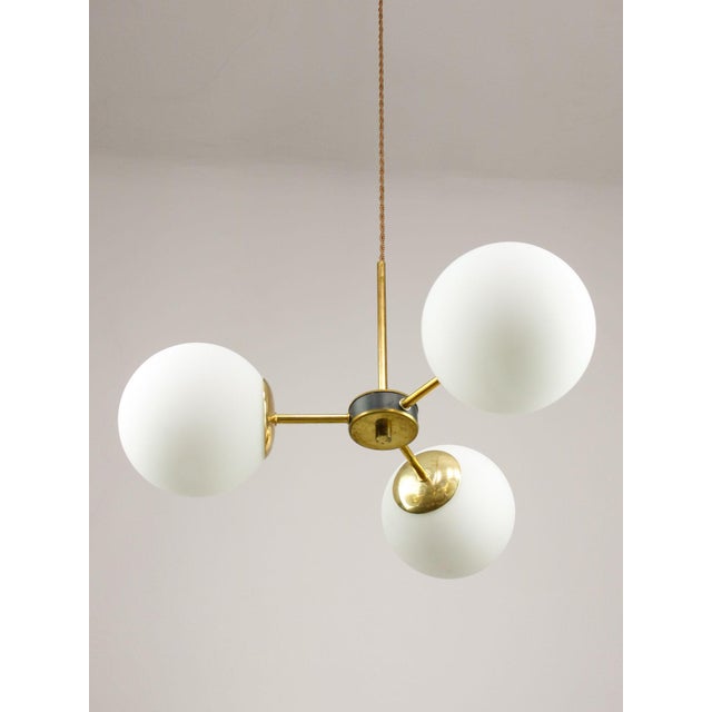 Goldenrod Mid-Century Modern Italian Pendant Light in Brass and Opaline Glass, 1960s For Sale - Image 8 of 15