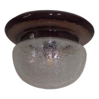 Vintage German Ceiling Lamp with Brown Ceramic Rim with Bronze-Colored Glaze and Clear Frosted Glass Shade, 1970s For Sale