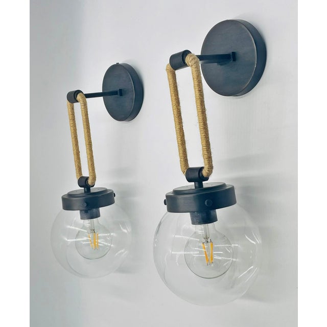 Vintage Attributed to Visual Comfort Modern Jute Rope Wall Sconces Brass Finish With Glass Globes - a Pair For Sale - Image 12 of 17