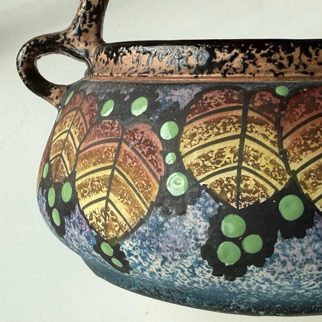 Vintage BFS Czechoslovakia Art Deco Hand Painted Pottery Bowl With Handle Leaf and Berry Design For Sale - Image 4 of 12