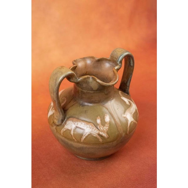 Cream Art Nouveau Glazed Stoneware Vase with Handles and Stylized Deer in Reserve by Louis Lourioux, Foëcy, France 1910s For Sale - Image 8 of 12