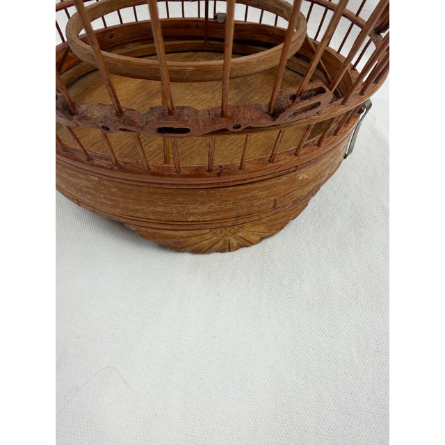 1980's Asian Bamboo Birdcage With Ceramic Feeders For Sale - Image 6 of 10