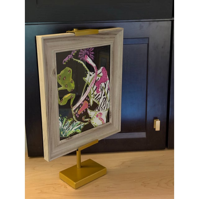 Botanical abstract painting/collage. Whimsical but serious. Animal aspects. Complementary scheme of colors ( red, green)....