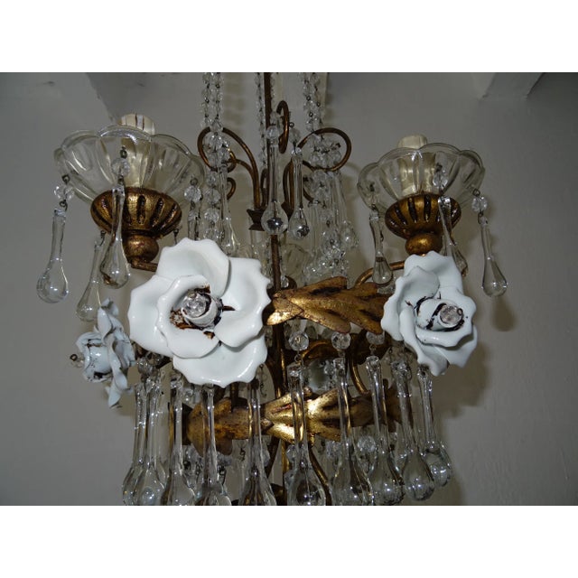 Metal Italian Tiered Tole White Roses Murano Drops Chandelier, Circa 1930 For Sale - Image 7 of 12