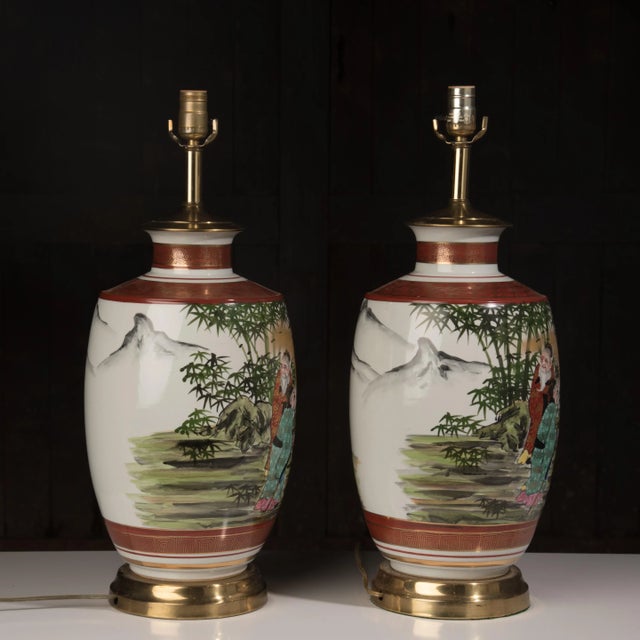 1970s Chinoiserie Hand Painted Porcelain Lamps - a Pair For Sale - Image 4 of 12