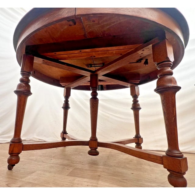 Early 20th Century Old English Revival Round Expansion Dining Table, Baluster Legs Quarter Sawn Oak For Sale - Image 15 of 15