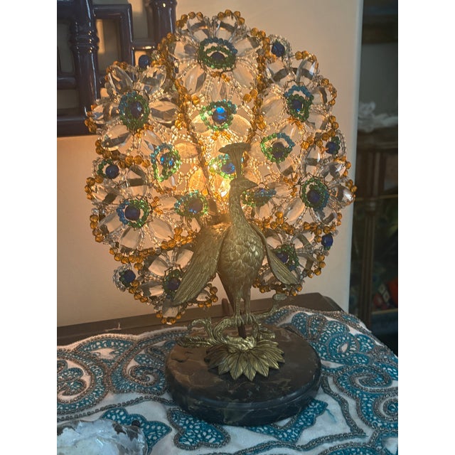 Early 20th Century VIntage Art Deco Crystal and Brass Czechoslovakian Beaded Peacock Lamp For Sale - Image 5 of 14