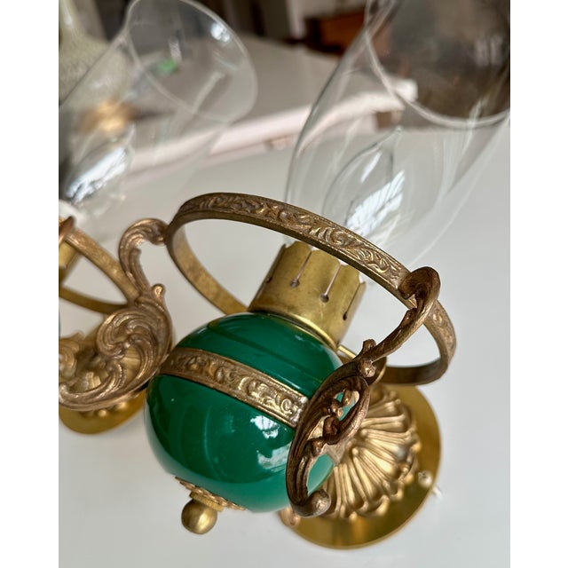 Pair Italian Green & Brass Faux Oil Lamp Wall Sconces For Sale - Image 12 of 18