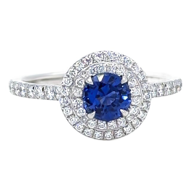 Tiffany & Co. Platinum Blue Sapphire & Diamond Engagement Ring 1.15ct 4.65g, Size 6.75 For Sale