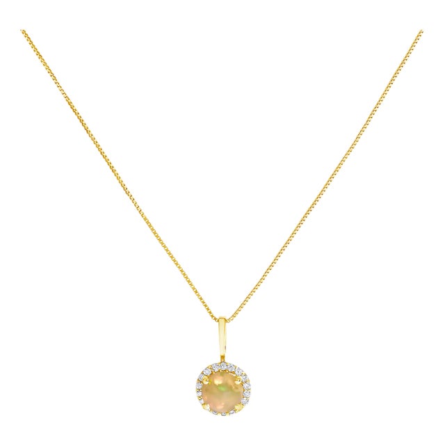 10K Yellow Gold Opal and 1/10 Cttw Diamond Accent Halo Pendant Necklace For Sale