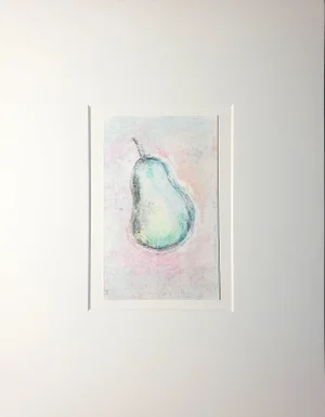 Pears Blushing-02 Modern Still Life Monoprint Green Yellow Grey by Carrie Bergey